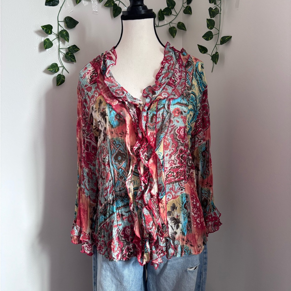 Flowy Ruffled Patchwork Print Women's Button Up Flowy Blouse - Multicolour Boho